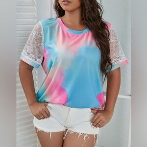 Cotton candy colored tee with lace sleeve